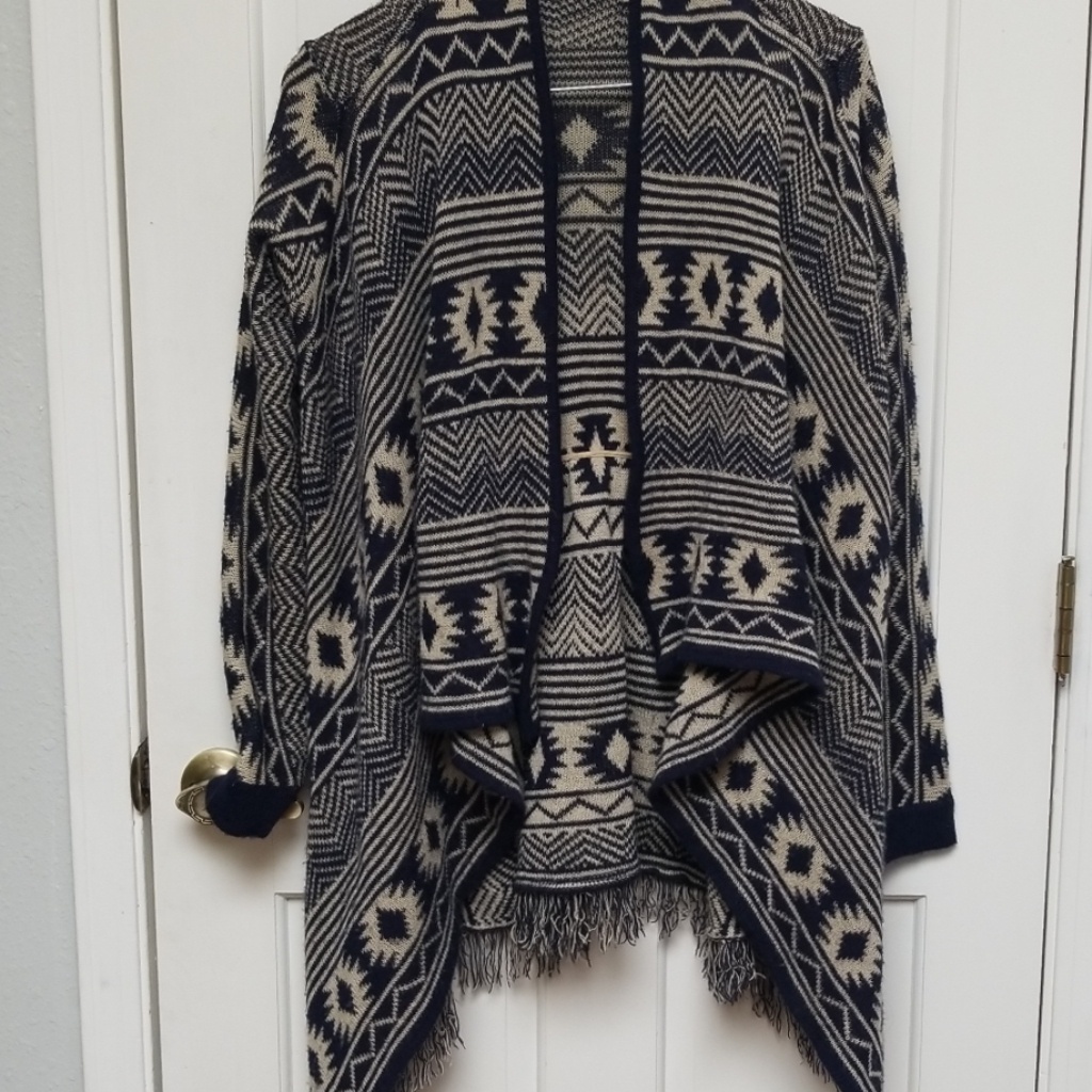 Open Front Fringe Aztec Sweater Med